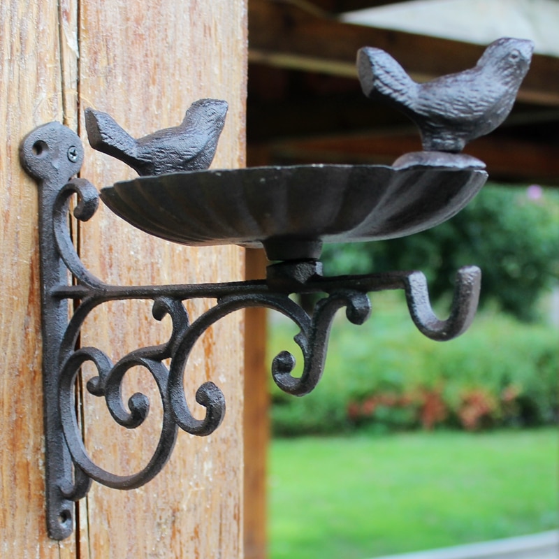 Wall Bracket Garden Bird Feeder Vintage Brown Cast Iron Decorative Bath Water Outdoor Feeding Trough Accessories - 2