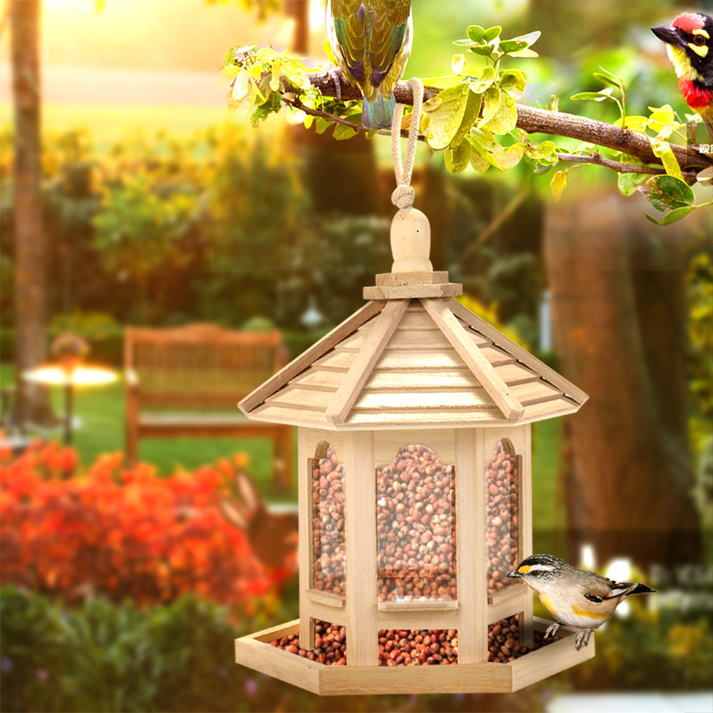 Large 1000ml Capacity Wooden Bird Feeder Hexagon Shape With Roof Wild Feed Dispenser For Garden Yard Dcor - 5