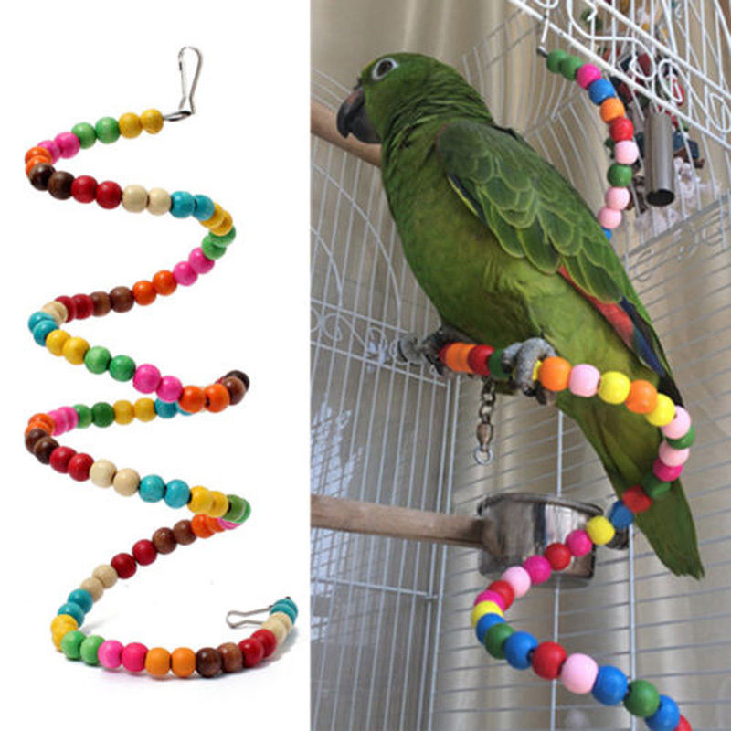 Rainbow Parrot Parakeet Hamster Exercise Toy Multicolor Wooden Ladder Swing With Beads Bird Cage Decor - 1