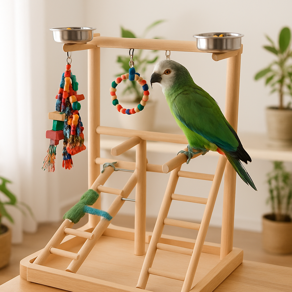 Features of a Parrot Playstand with Multiple Perches and Ladders  